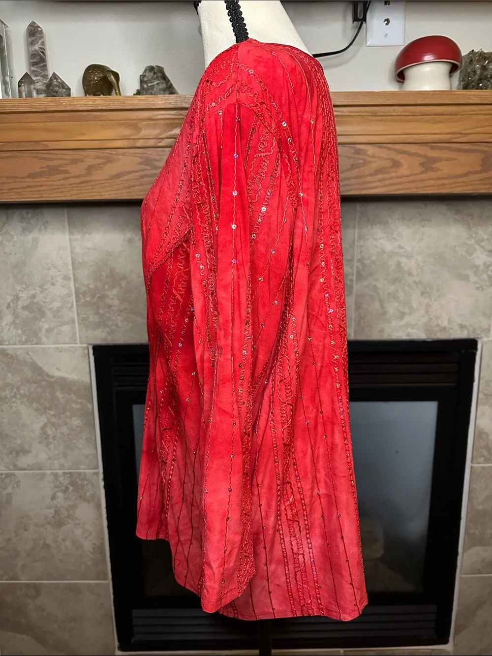 Boho Y2K Red Embellished Top Sequin Embroidery Tie Dye Pattern Dressbarn 1X